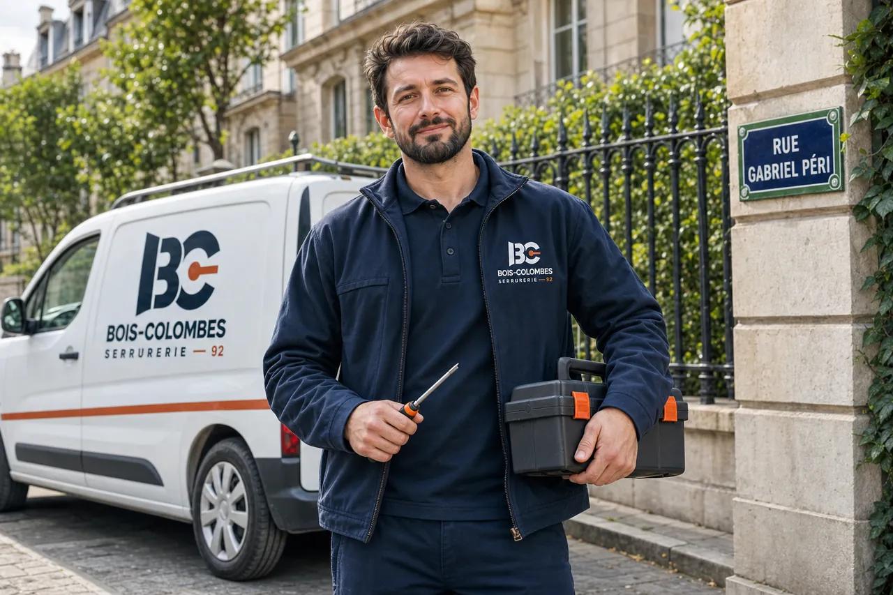 Serrurier en veste de travail Bois-Colombes Serrurerie devant sa camionnette, rue Gabriel-Péri à Bois-Colombes